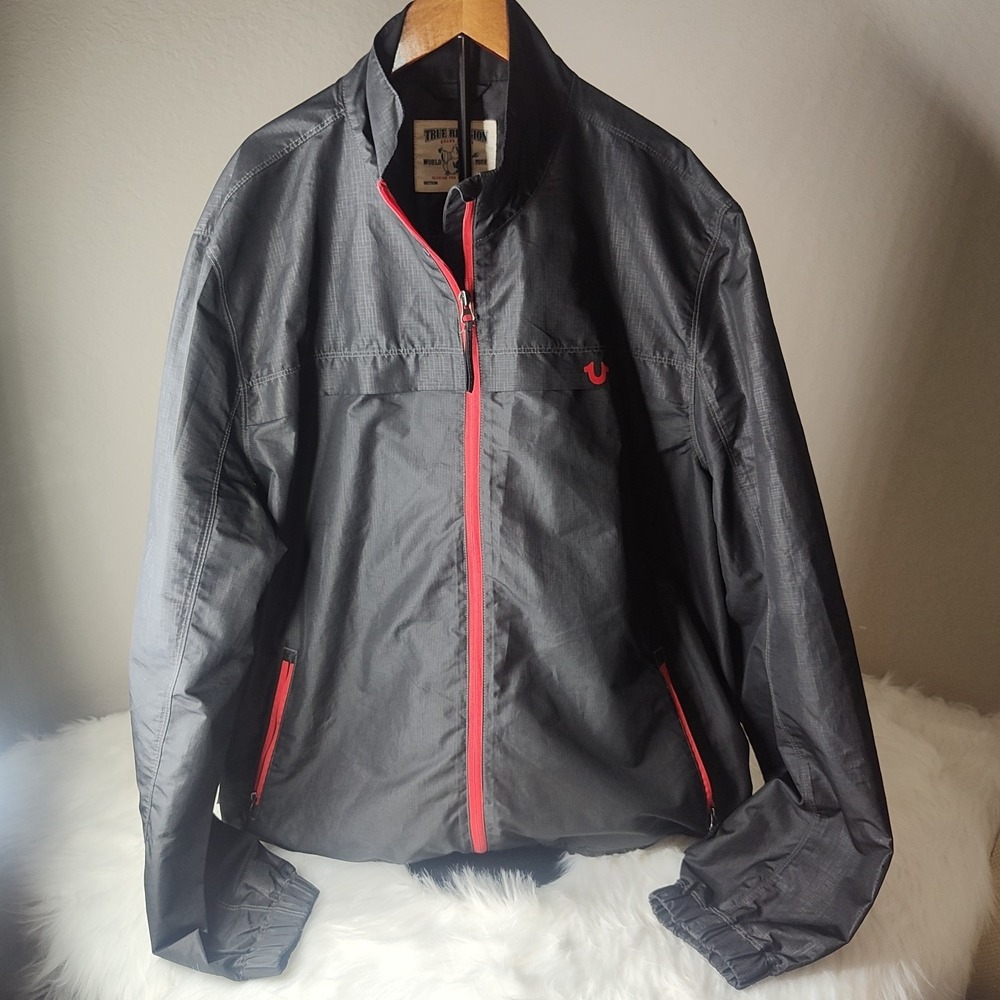 True Religion Windbreaker Jacket Men 2XL Black Red Ripstop Full Zip Horseshoe